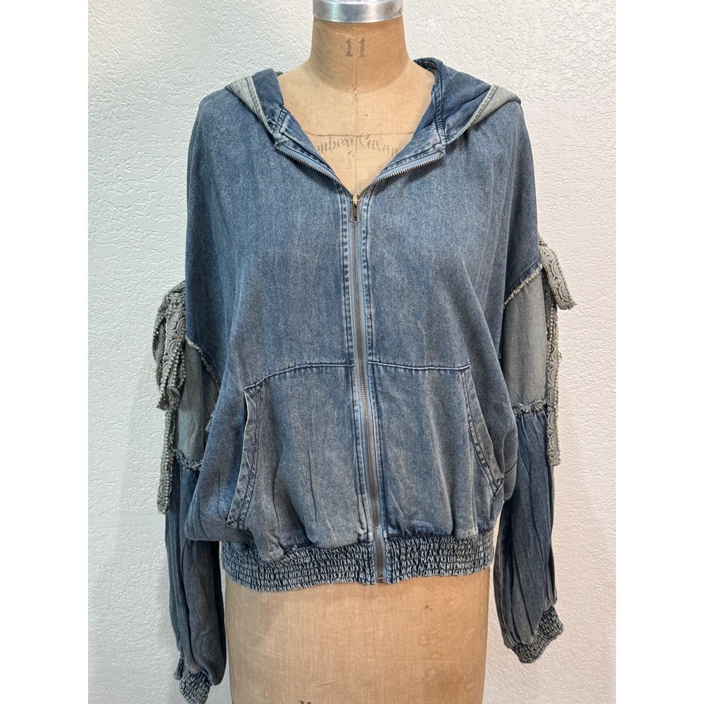 Jaded Gypsy Tied About Jacket Chambray Blue Denim Zip Hoodie Lace S/M NWT